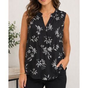 Halogen Sleeveless Blouse Medium Black White Floral V Neck Flowy Top